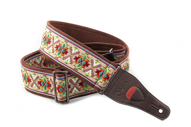 Model LOLLAPALOOZA II BEIGE Guitar and bass strap made of 6 cm wide, anti-slip technical microfiber on the inside, 2 mm thick low density latex padding, decorated with vintage style embroidered jacquard.